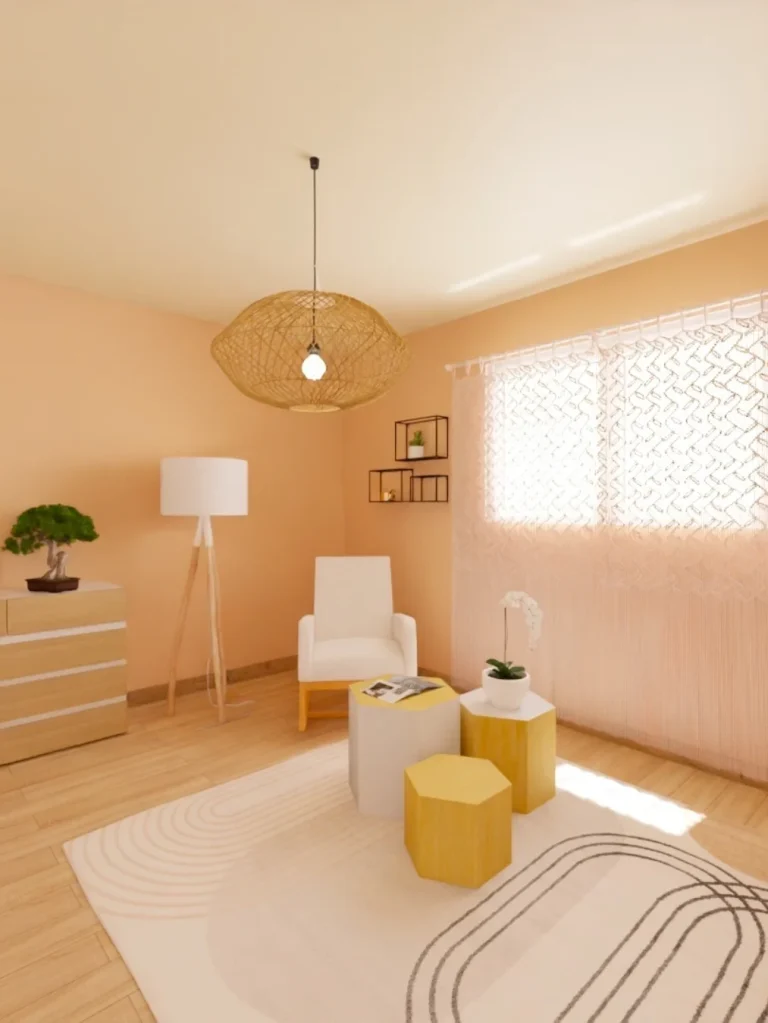 pièce lumineuse ambiance cocon pièce lumineuse avec un fauteuil blanc, un lampadaire pied en bois et abat-jour blanc, 3 tables basses pour une ambiance cocon